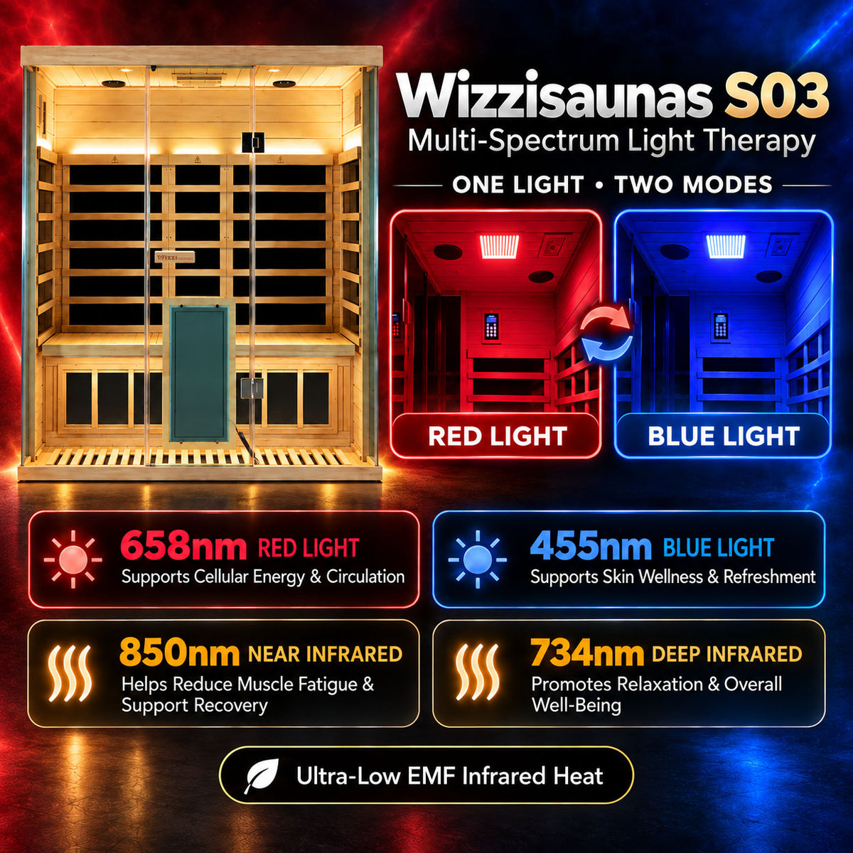 Wizzisaunas S03 3-Person Infrared Sauna with Red Light Therapy