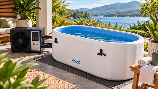 Portable RevX cold plunge with chiller in an outdoor home wellness space