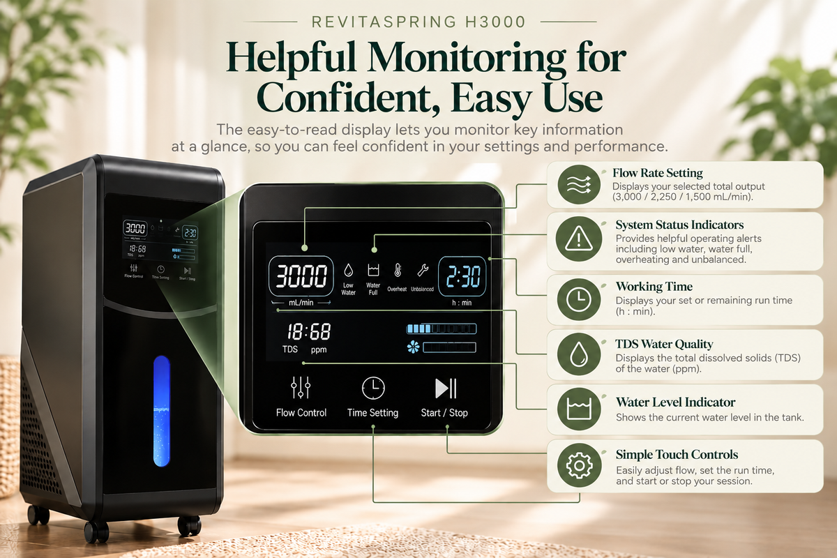 The image explains the display features and controls, with callouts pointing to screen elements such as flow rate settings, operating status, working time, hydrogen purity, TDS water quality, water level indicator, and simple touch controls.