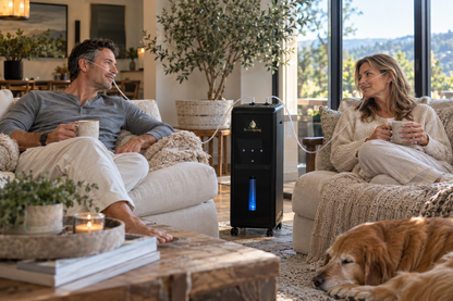 A man and woman relax on cream-colored sofas in a bright, modern living room, drinking from mugs while connected to a black portable hydrogen and oxygen concentrator placed between them. A golden retriever lies on the rug in the foreground.