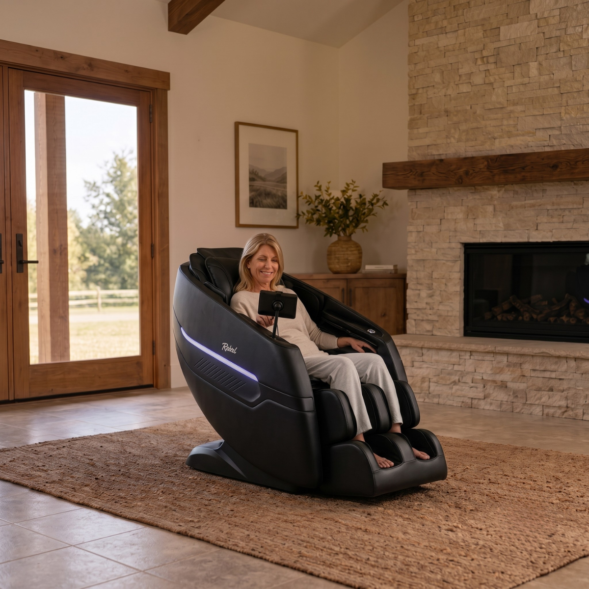 Woman using the SmartTouch tablet on the Floridian Brand Rebel 4D Massage Chair